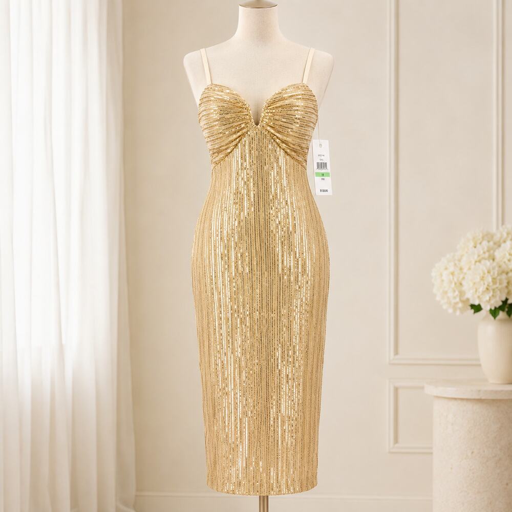 NWT Siena 14 Gold Sequin Sweetheart Midi Cocktail Dress $138 MSRP